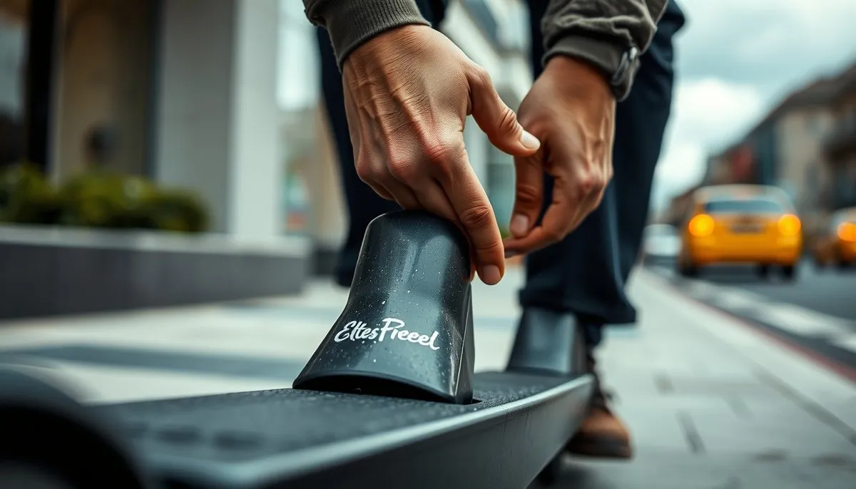 Persona plegando scooter eléctrico en acera urbana, mostrando mecanismo de plegado