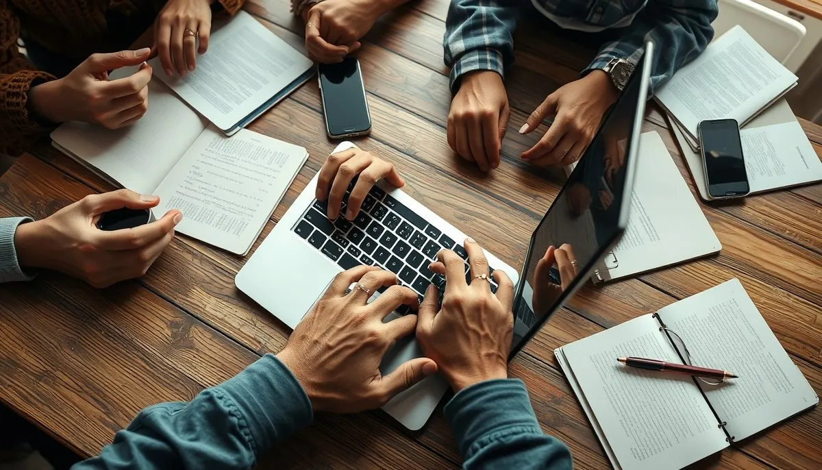 Emprendedores, freelancers y profesionales de agencias colaborando con Divi website builder en espacio de trabajo compartido Diversos usuarios trabajando juntos con el constructor web Divi en laptop