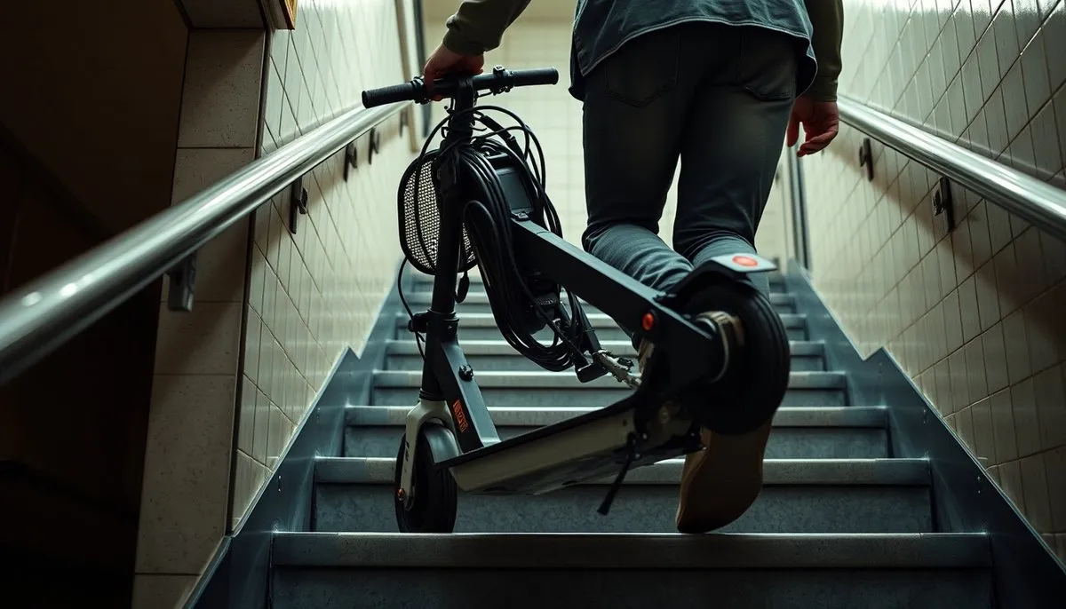 Usuario transportando scooter eléctrico plegado por escaleras de metro