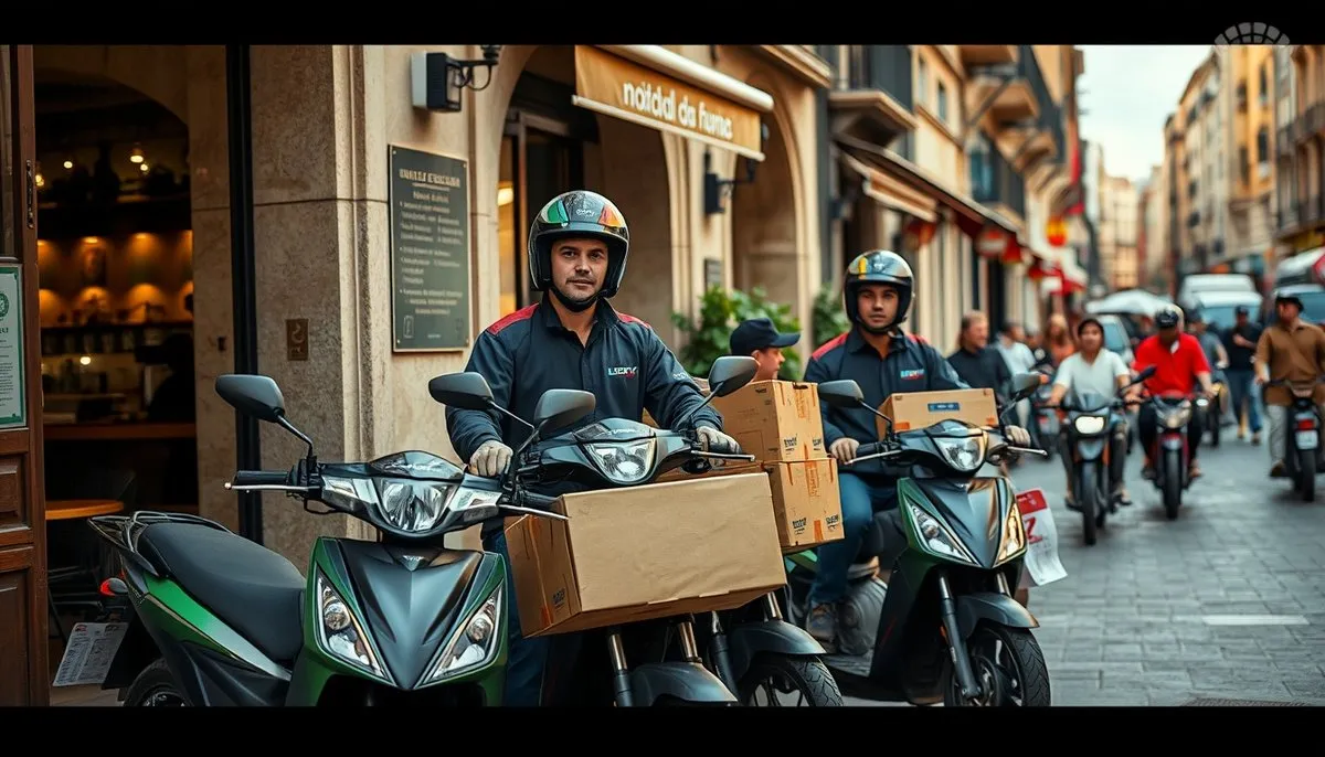 Uso profesional de vehículos eléctricos para reparto: integración de transporte sostenible en actividades comerciales urbanas Repartidores trabajando con motos eléctricas frente a restaurante en ciudad española