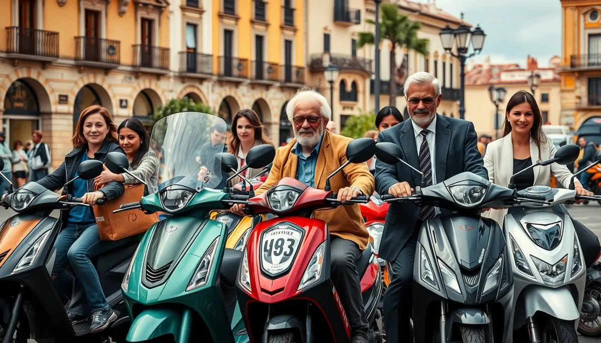 Perfiles variados de propietarios de motos y scooters eléctricos: profesional, repartidor, jubilado y empresario en España Diversos usuarios españoles con sus vehículos eléctricos en plaza típica urbana