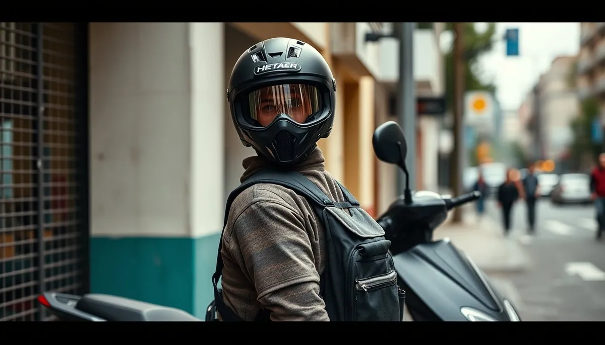 Usuario equipado correctamente con casco y protecciones junto a patinete eléctrico L1e-B homologado para uso urbano legal Conductor con casco y equipo protector junto a patinete L1e-B homologado con matrícula