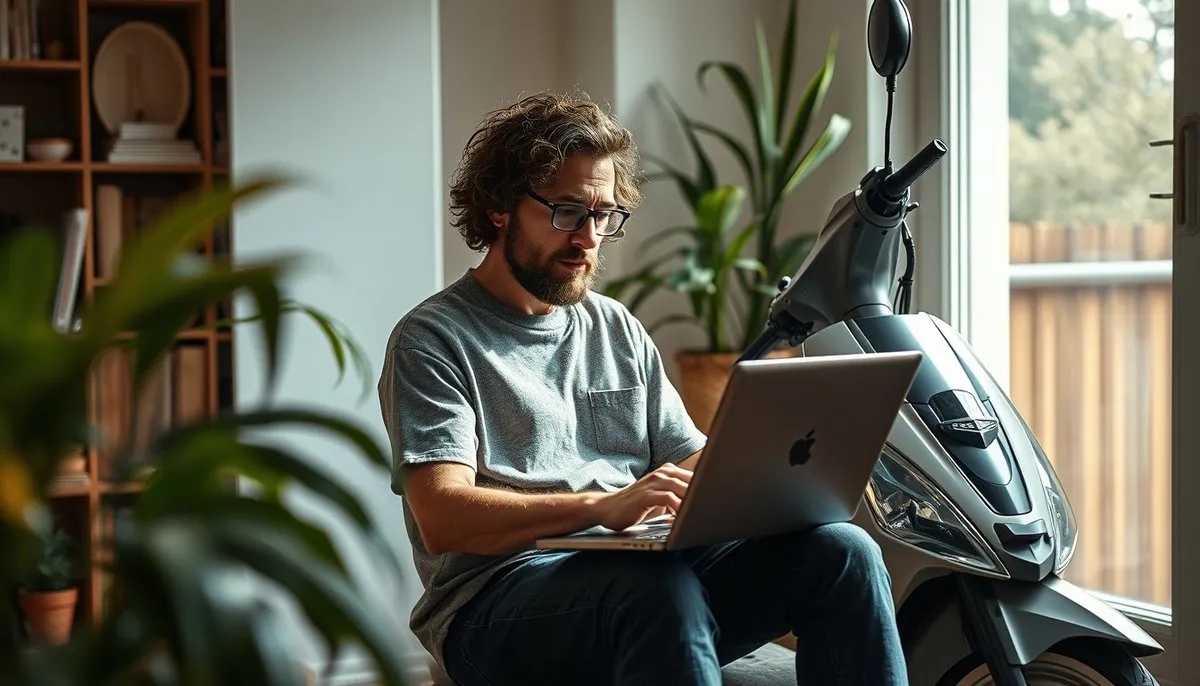 Investigación responsable sobre normativa de patinetes eléctricos consultando fuentes oficiales como DGT y BOE desde casa Usuario investigando regulación de patinetes en webs oficiales DGT con portátil