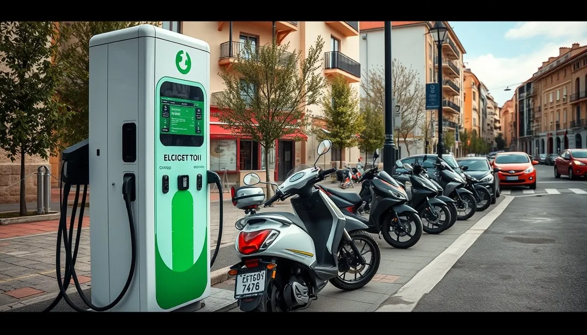 Infraestructura de carga eléctrica urbana en España: punto de recarga con múltiples vehículos eléctricos en uso simultáneo Estación de carga moderna con varios scooters y motos eléctricas conectadas