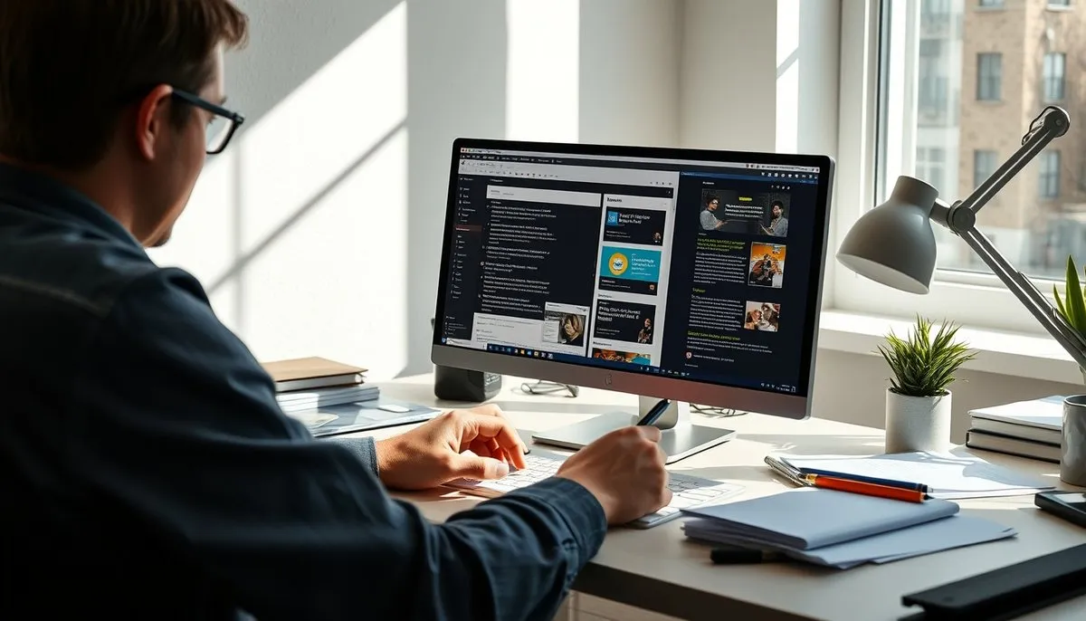 Content creator desarrollando estrategias SEO localizadas con Google Analytics y WordPress dashboard en oficina minimalista Creador de contenido español escribiendo posts SEO con herramientas de análisis