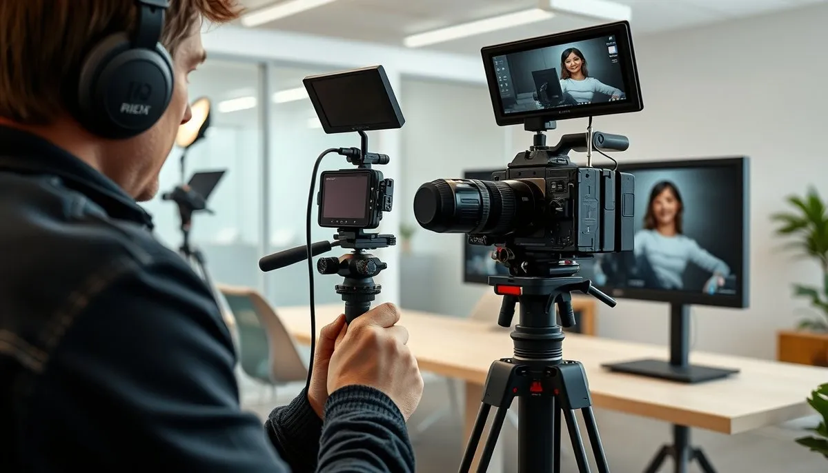 Estudio de grabación con equipo profesional filmando tutorial de Divi con monitores mostrando YouTube analytics Configuración profesional para grabar tutorial de WordPress en español