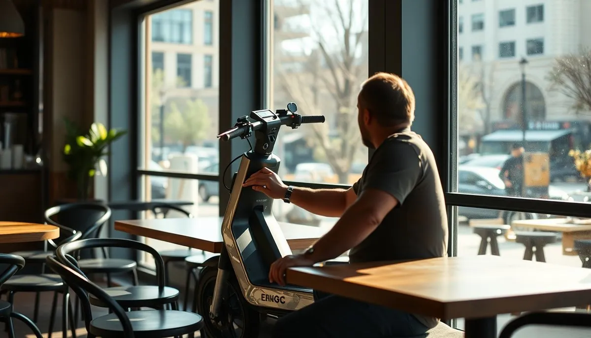Usuario consultando documentación oficial de homologación y especificaciones técnicas de patinete eléctrico en cafetería urbana Persona revisando certificado de homologación y especificaciones técnicas de patinete eléctrico