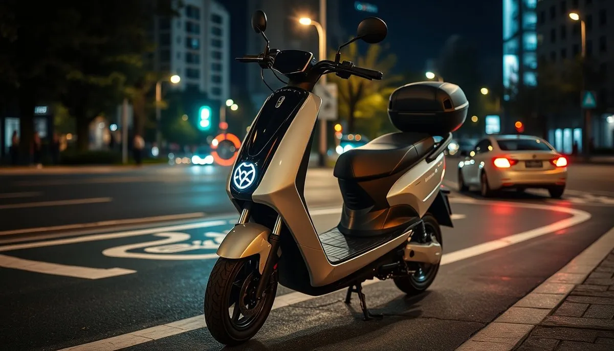 Scooter eléctrico nocturno con luces de seguridad en carril bici urbano