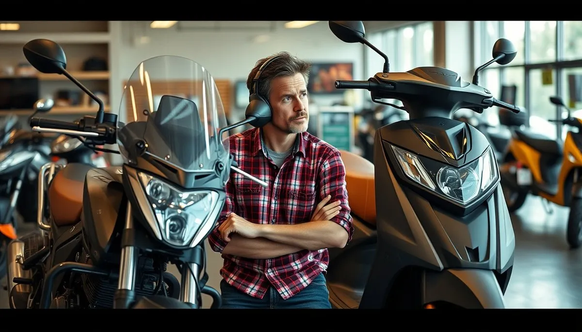 Momento de decisión entre tecnología tradicional y vehículos eléctricos en concesionario con etiquetas de precios visibles Persona eligiendo entre moto gasolina y scooter eléctrico en concesionario