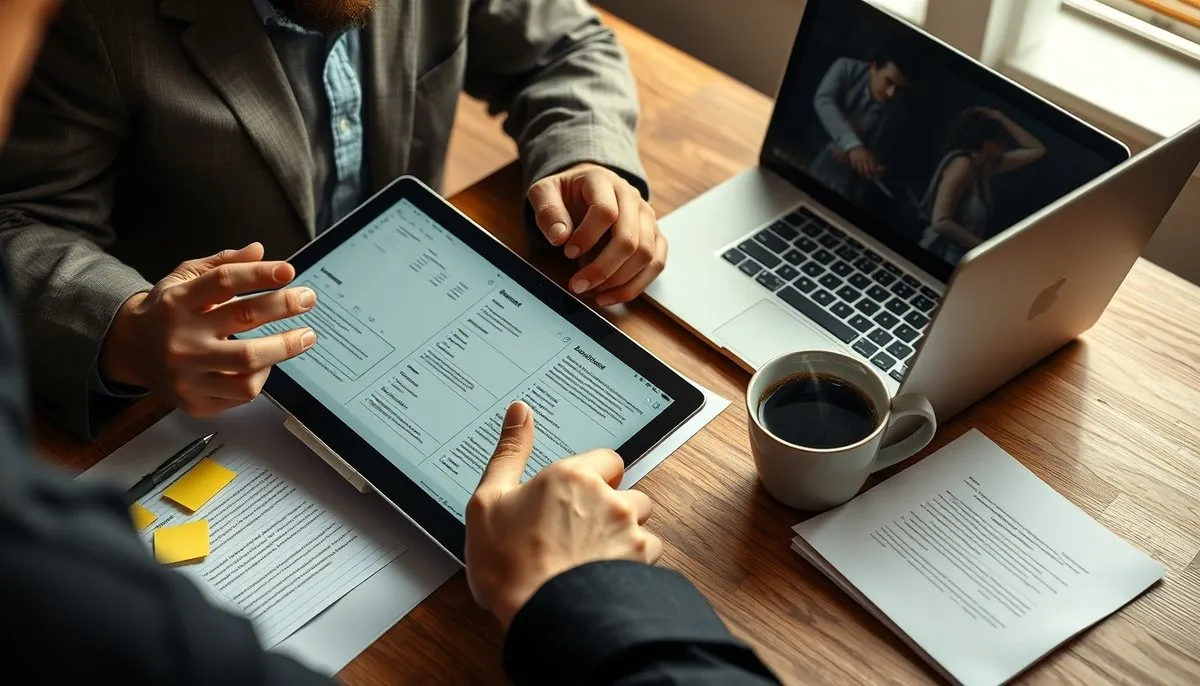 Proceso de selección y comparación de herramientas web con gráficos de precios y plantillas de sitios web Profesional español comparando constructores de sitios web en tablet y laptop