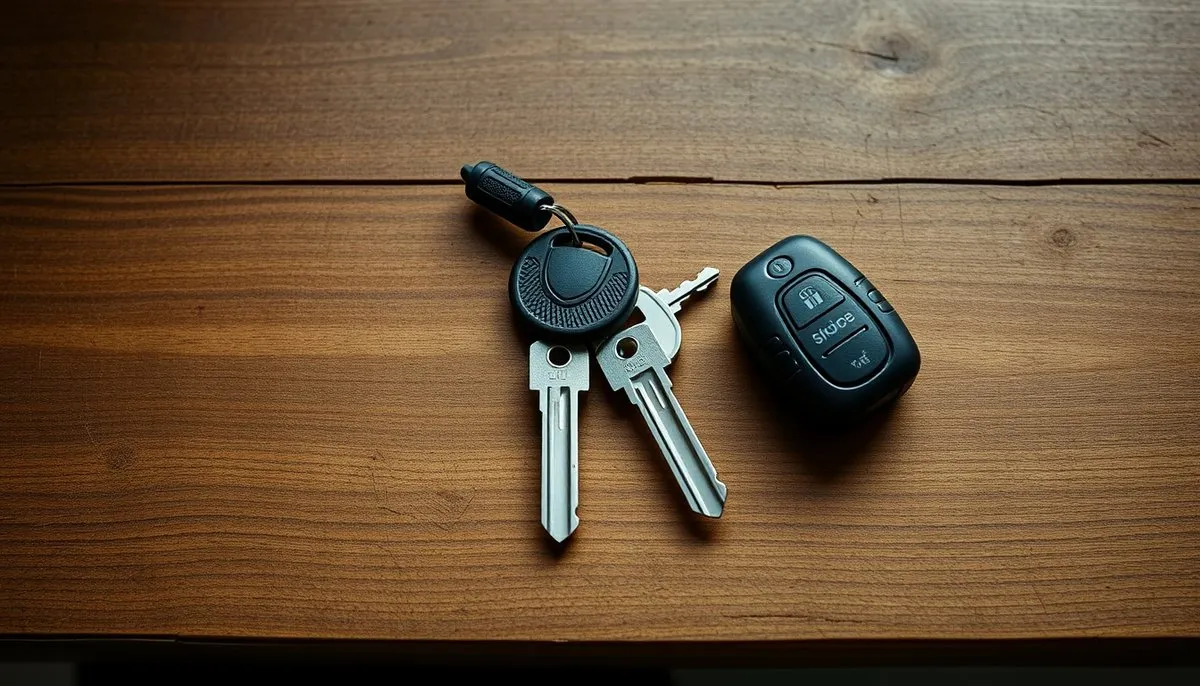 Documentación necesaria para conducir patinete homologado: permiso de conducir AM, llaves y documentos de seguro obligatorio Permiso AM, llaves de patinete y documentos de seguro sobre mesa de madera