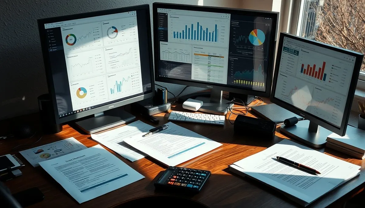 Digital marketer analizando métricas ROI y datos del mercado español en dashboards de campañas publicitarias Especialista digital español gestionando campañas Google Ads en múltiples monitores