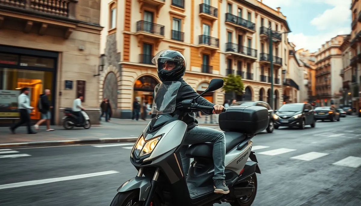 Libertad de movilidad eléctrica en ZBE española mostrando ventajas de acceso restringido en áreas urbanas protegidas Conductor de scooter eléctrico circulando por Zona de Bajas Emisiones en centro urbano