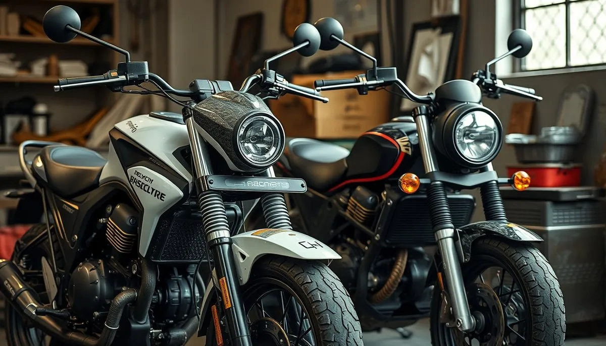 Comparación visual moto eléctrica vs gasolina en taller profesional