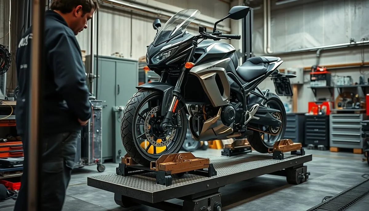 Prueba frenos y suspensión moto eléctrica en plataforma hidráulica ITV