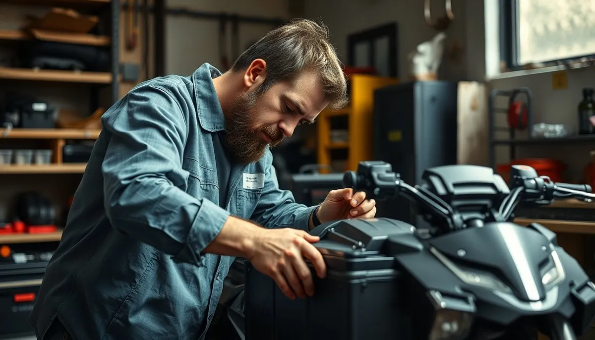 Técnico inspeccionando batería de moto eléctrica en taller especializado