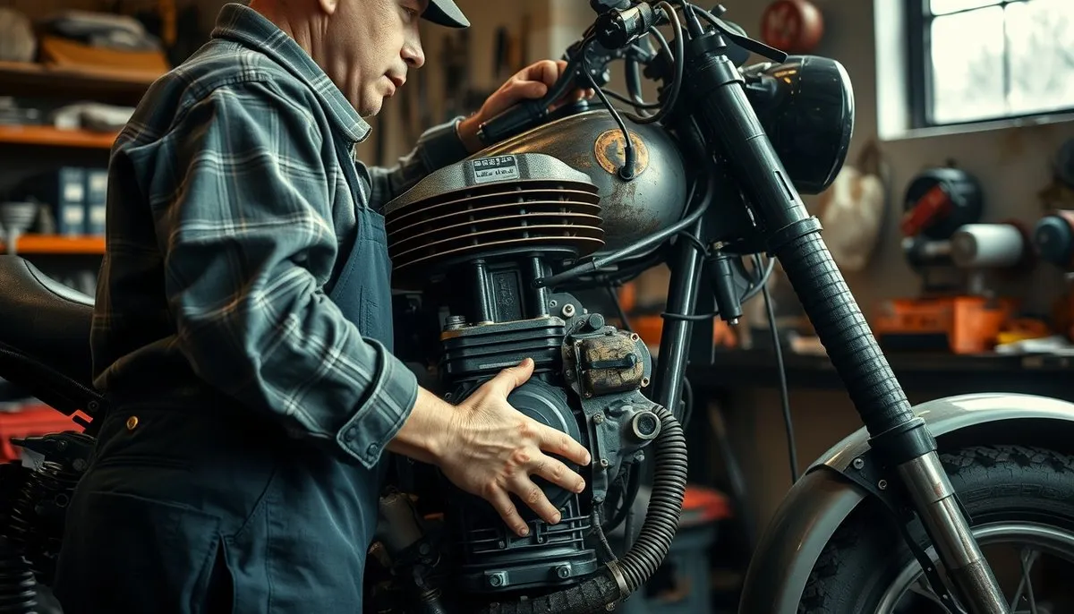 Mecánico realizando mantenimiento motor moto gasolina con cambio aceite