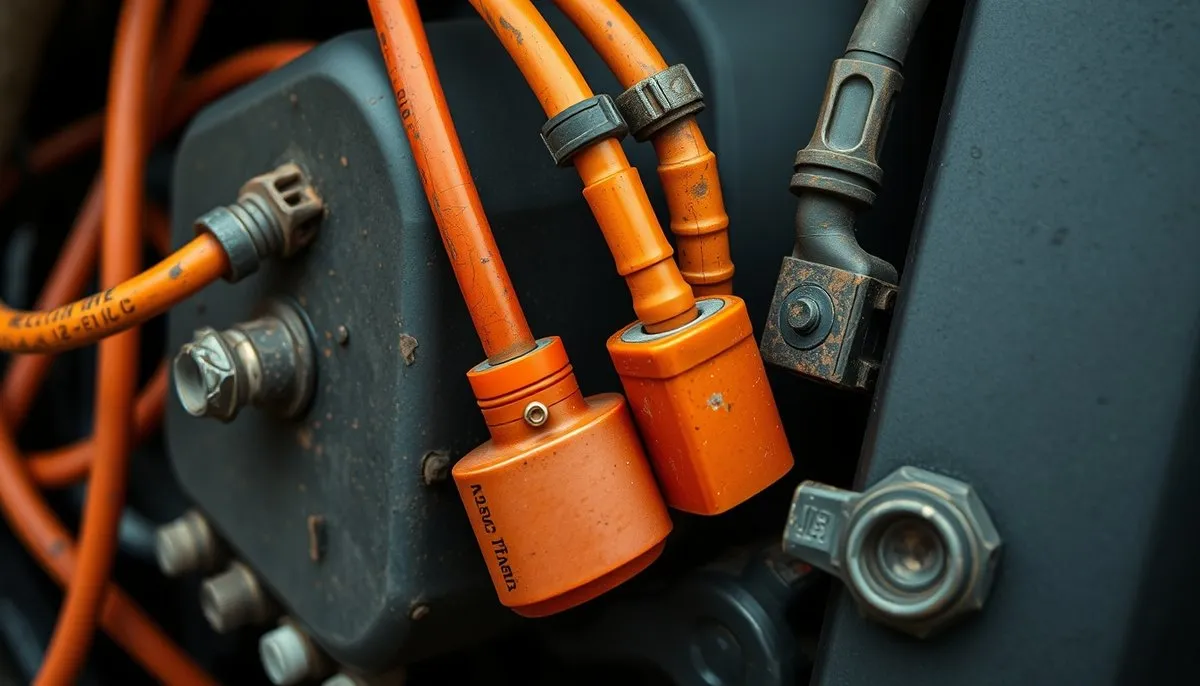 Detalle cables eléctricos naranja y conectores durante inspección ITV moto eléctrica