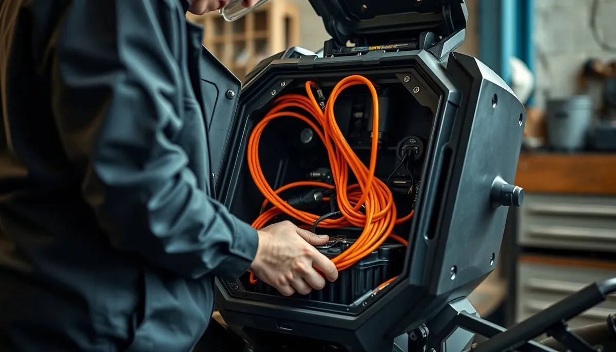 Inspector revisando sistema eléctrico de moto con cables naranja alta tensión