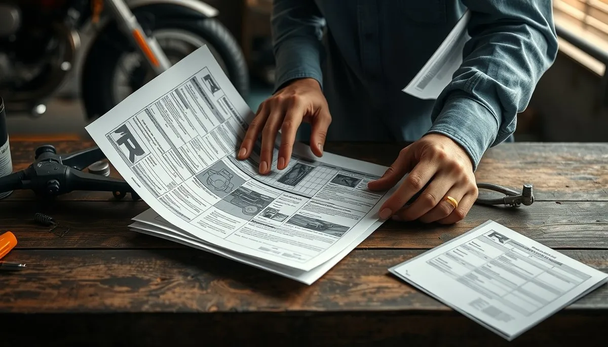 Propietario revisando facturas y costos de mantenimiento de motocicleta