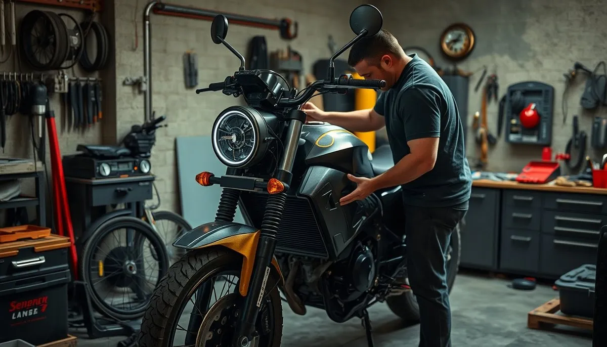 Propietario preparando moto eléctrica para ITV revisando luces y presión neumáticos